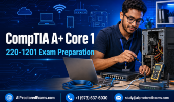CompTIA A+ Core 1 220-1201 exam preparation with an IT technician repairing a PC and testing network equipment