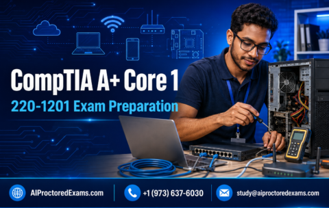 CompTIA A+ Core 1 220-1201 exam preparation with an IT technician repairing a PC and testing network equipment
