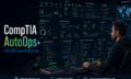 CompTIA AutoOps+ AT0-001 exam preparation featuring an IT automation engineer monitoring infrastructure as code, configuration drift, CI/CD pipelines, deployment strategies and service reliability