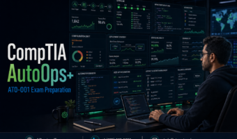 CompTIA AutoOps+ AT0-001 exam preparation featuring an IT automation engineer monitoring infrastructure as code, configuration drift, CI/CD pipelines, deployment strategies and service reliability