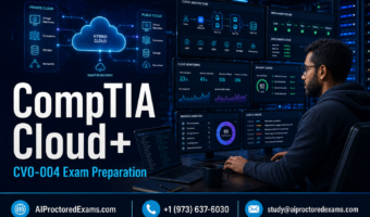 CompTIA Cloud+ CV0-004 exam preparation with a cloud engineer managing hybrid-cloud architecture, virtual machines, containers, deployment pipelines, security, monitoring, and disaster recovery