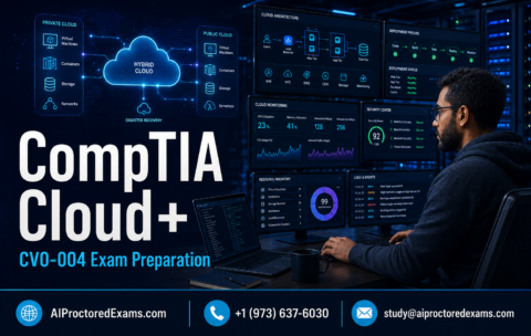CompTIA Cloud+ CV0-004 exam preparation with a cloud engineer managing hybrid-cloud architecture, virtual machines, containers, deployment pipelines, security, monitoring, and disaster recovery