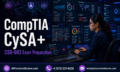 CompTIA CySA+ CS0-003 exam preparation with a cybersecurity analyst investigating SIEM alerts, network activity, endpoint threats, vulnerabilities, incident response, and security reports