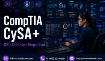 CompTIA CySA+ CS0-003 exam preparation with a cybersecurity analyst investigating SIEM alerts, network activity, endpoint threats, vulnerabilities, incident response, and security reports