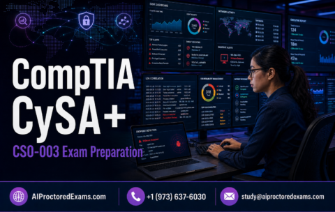 CompTIA CySA+ CS0-003 exam preparation with a cybersecurity analyst investigating SIEM alerts, network activity, endpoint threats, vulnerabilities, incident response, and security reports
