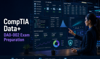 CompTIA Data+ DA0-002 exam preparation with a data analyst reviewing data sources, an ETL pipeline, SQL queries, statistical analysis, dashboards and data-governance controls