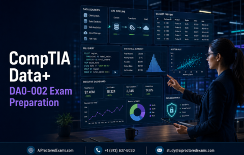 CompTIA Data+ DA0-002 exam preparation with a data analyst reviewing data sources, an ETL pipeline, SQL queries, statistical analysis, dashboards and data-governance controls
