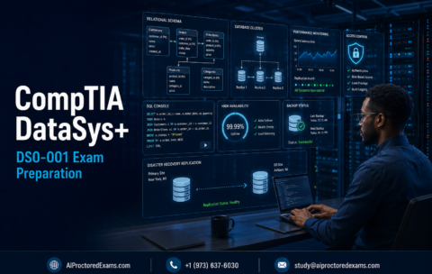CompTIA DataSys+ DS0-001 exam preparation with a database administrator reviewing relational schemas, SQL queries, database clusters, performance monitoring, access controls, backups and disaster recovery