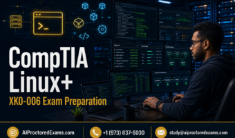 CompTIA Linux+ XK0-006 exam preparation with a Linux administrator managing servers, terminal commands, containers, automation workflows, and system performance