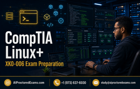 CompTIA Linux+ XK0-006 exam preparation with a Linux administrator managing servers, terminal commands, containers, automation workflows, and system performance