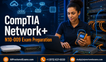 CompTIA Network+ N10-009 exam preparation with a network technician configuring switches, testing cables, and troubleshooting connectivity