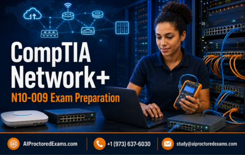 CompTIA Network+ N10-009 exam preparation with a network technician configuring switches, testing cables, and troubleshooting connectivity