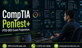 CompTIA PenTest+ PT0-003 exam preparation with an authorized penetration tester conducting reconnaissance, vulnerability analysis, controlled exploitation, lateral-movement testing, cleanup, and remediation reporting