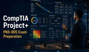 CompTIA Project+ PK0-005 exam preparation with an IT project manager reviewing a Gantt chart, Kanban board, project budget, stakeholder map, risk matrix and change log