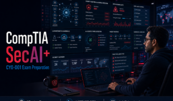 CompTIA SecAI+ CY0-001 exam preparation with an AI security analyst monitoring prompt injection, data poisoning, model access controls, AI-assisted threat detection and governance