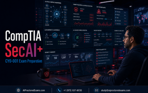 CompTIA SecAI+ CY0-001 exam preparation with an AI security analyst monitoring prompt injection, data poisoning, model access controls, AI-assisted threat detection and governance