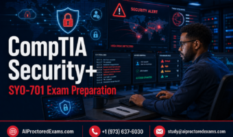 CompTIA Security+ SY0-701 exam preparation with a cybersecurity analyst monitoring threats, logs, vulnerabilities, and access controls