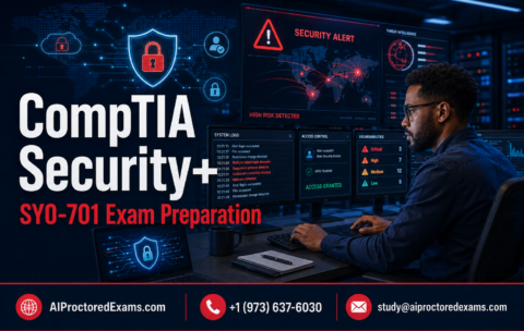 CompTIA Security+ SY0-701 exam preparation with a cybersecurity analyst monitoring threats, logs, vulnerabilities, and access controls