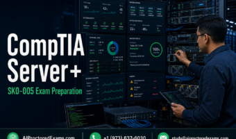 CompTIA Server+ SK0-005 exam preparation with a server administrator managing rack servers, RAID storage, virtualization, backups, network connections, security alerts, and hardware diagnostics