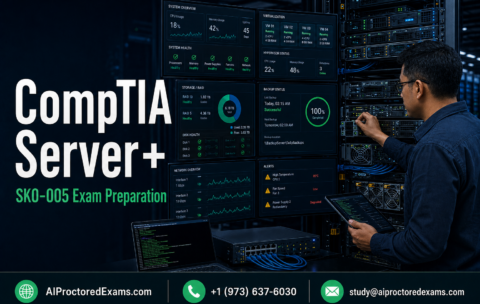 CompTIA Server+ SK0-005 exam preparation with a server administrator managing rack servers, RAID storage, virtualization, backups, network connections, security alerts, and hardware diagnostics