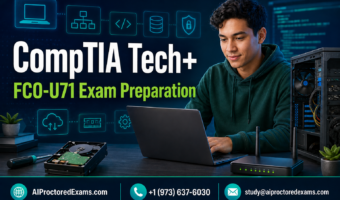 CompTIA Tech+ FC0-U71 exam preparation with a beginner learning computer hardware, networking, software, databases, and cybersecurity