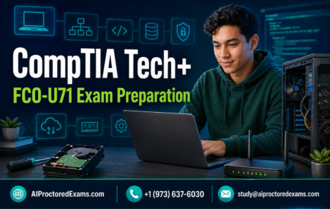 CompTIA Tech+ FC0-U71 exam preparation with a beginner learning computer hardware, networking, software, databases, and cybersecurity