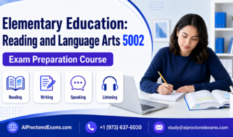 Praxis 5002 Elementary Education Reading and Language Arts exam preparation with reading, writing, speaking, and listening study icons