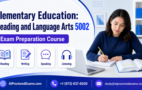 Praxis 5002 Elementary Education Reading and Language Arts exam preparation with reading, writing, speaking, and listening study icons