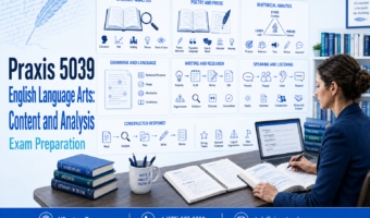 Praxis 5039 English Language Arts: Content and Analysis exam preparation featuring literature, rhetoric, grammar, and writing concepts.