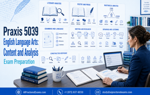 Praxis 5039 English Language Arts: Content and Analysis exam preparation featuring literature, rhetoric, grammar, and writing concepts.