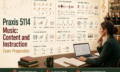 Praxis 5114 Music: Content and Instruction exam preparation featuring music theory, performance, and K–12 teaching concepts.