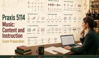 Praxis 5114 Music: Content and Instruction exam preparation featuring music theory, performance, and K–12 teaching concepts.
