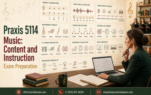 Praxis 5114 Music: Content and Instruction exam preparation featuring music theory, performance, and K–12 teaching concepts.