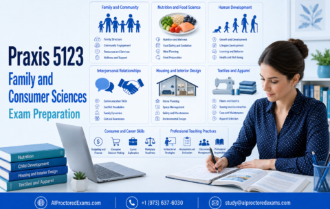 Praxis 5123 Family and Consumer Sciences exam preparation featuring nutrition, human development, relationships, housing, textiles, consumer skills, and teaching practices.
