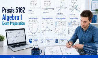 Praxis 5162 Algebra I exam preparation featuring expressions, equations, inequalities, linear and quadratic functions, systems, graphs, data, and mathematical modeling.