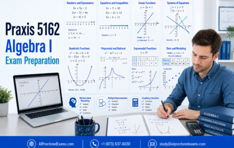 Praxis 5162 Algebra I exam preparation featuring expressions, equations, inequalities, linear and quadratic functions, systems, graphs, data, and mathematical modeling.