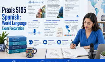 Praxis 5195 Spanish: World Language exam preparation featuring listening, reading, writing, speaking, grammar, vocabulary, and Spanish-speaking cultures.