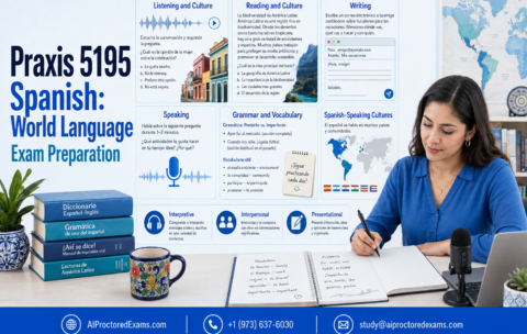 Praxis 5195 Spanish: World Language exam preparation featuring listening, reading, writing, speaking, grammar, vocabulary, and Spanish-speaking cultures.