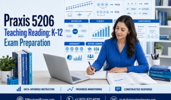 Praxis 5206 Teaching Reading: K–12 exam preparation featuring foundational literacy, phonemic awareness, phonics, vocabulary, fluency, comprehension, assessment, diverse learners, and constructed-response practice.