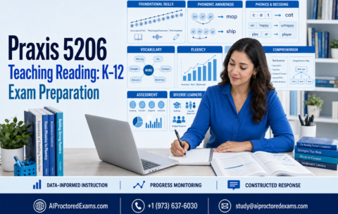 Praxis 5206 Teaching Reading: K–12 exam preparation featuring foundational literacy, phonemic awareness, phonics, vocabulary, fluency, comprehension, assessment, diverse learners, and constructed-response practice.