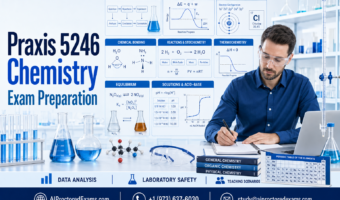 Praxis 5246 Chemistry exam preparation featuring atomic structure, matter and energy, chemical bonding, stoichiometry, thermochemistry, equilibrium, acid-base chemistry, laboratory safety, and data analysis.