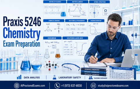 Praxis 5246 Chemistry exam preparation featuring atomic structure, matter and energy, chemical bonding, stoichiometry, thermochemistry, equilibrium, acid-base chemistry, laboratory safety, and data analysis.