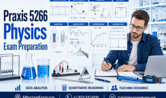 Praxis 5266 Physics exam preparation featuring mechanics, matter and energy, electricity, magnetism, waves, optics, thermodynamics, modern physics, quantitative reasoning, and teaching scenarios.