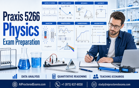 Praxis 5266 Physics exam preparation featuring mechanics, matter and energy, electricity, magnetism, waves, optics, thermodynamics, modern physics, quantitative reasoning, and teaching scenarios.