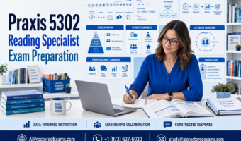 Praxis 5302 Reading Specialist exam preparation featuring literacy foundations, curriculum, assessment, diagnosis, intervention, diverse learners, literacy coaching, professional learning, leadership, and case-study practice.