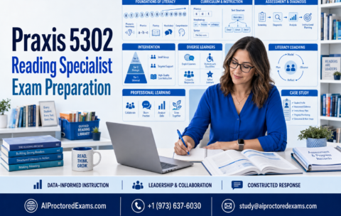 Praxis 5302 Reading Specialist exam preparation featuring literacy foundations, curriculum, assessment, diagnosis, intervention, diverse learners, literacy coaching, professional learning, leadership, and case-study practice.