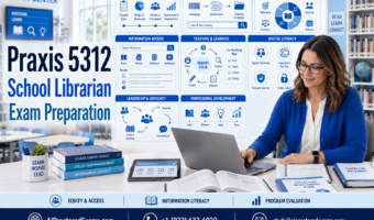 Praxis 5312 School Librarian exam preparation featuring program administration, organization and access, collection development, information literacy, digital citizenship, teaching, leadership, advocacy, and program evaluation.