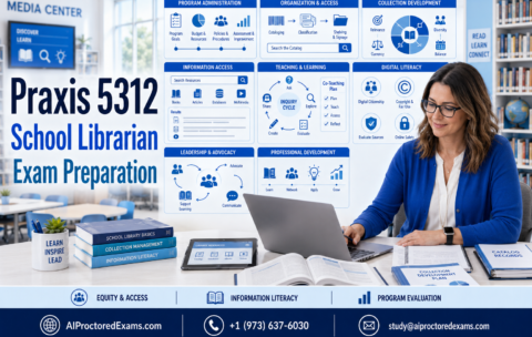 Praxis 5312 School Librarian exam preparation featuring program administration, organization and access, collection development, information literacy, digital citizenship, teaching, leadership, advocacy, and program evaluation.