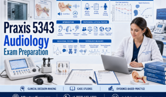 Praxis 5343 Audiology exam preparation featuring audiology foundations, prevention and screening, behavioral and physiologic assessment, hearing technology, intervention, clinical case studies, and professional ethics.