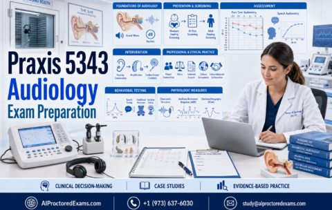 Praxis 5343 Audiology exam preparation featuring audiology foundations, prevention and screening, behavioral and physiologic assessment, hearing technology, intervention, clinical case studies, and professional ethics.